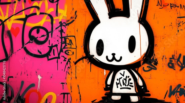 Obraz Colorful an Vibrant Horizontal Background depicting an happy and joyful smiling white rabbit character with 90s graffiti style effect.

