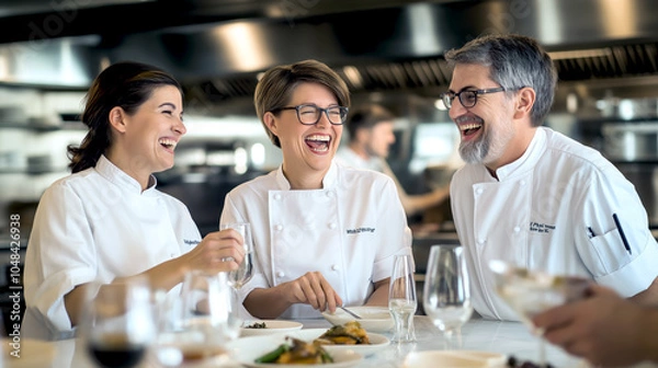 Obraz Three chefs are laughing and smiling at a table with wine glasses and food. 