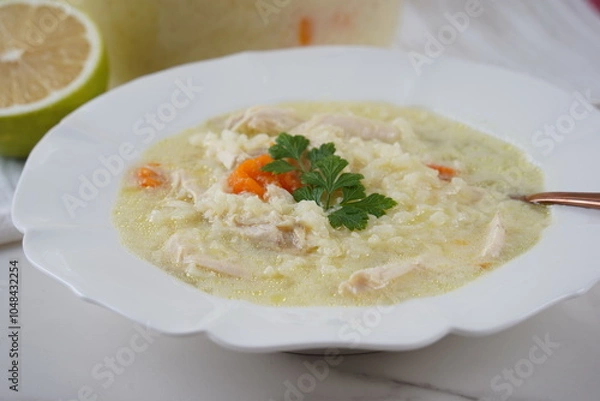 Fototapeta Avgolemono - traditional greek chicken soup with rice, lemon and eggs, traditional greek chicken