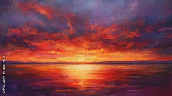 Fototapeta A vibrant twilight sky with a rich blend of orange, red, and purple tones, reflecting on the calm waters below