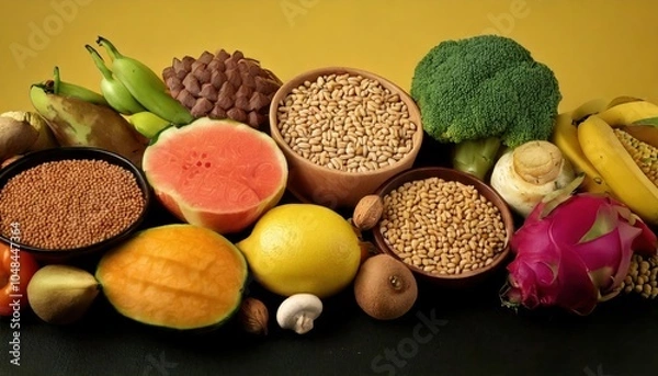 Fototapeta Group of food with high content of dietary fiber arranged side by side