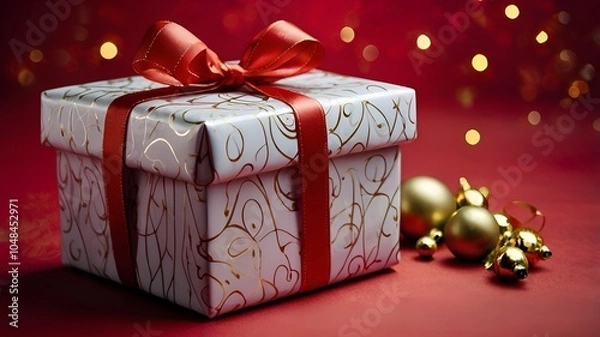Obraz A festive gift on a minimalistic red background, a New Year's gift