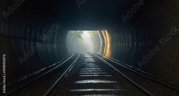 Fototapeta A view from inside a dark, misty tunnel.
