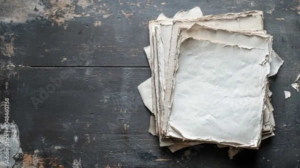 Fototapeta Stack of aged, torn antique papers on rustic wooden surface