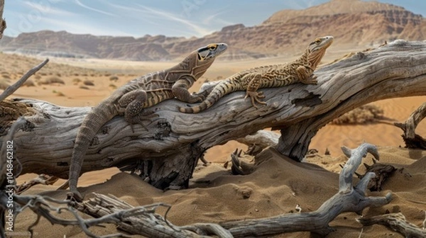 Fototapeta Two Lizards Resting on a Driftwood Branch in a Desert Landscape