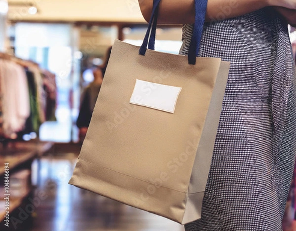 Obraz Hand holding shopping bag in supermarket Aisle with Blurred Shelves in Background.