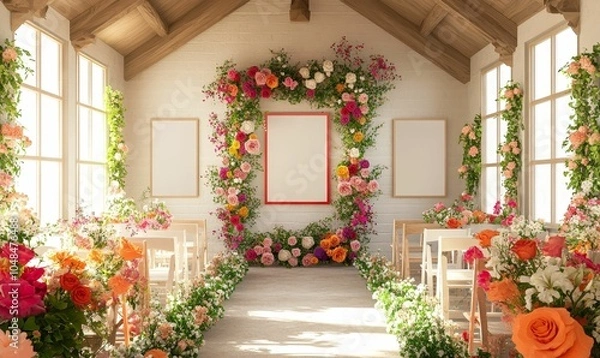 Fototapeta Floral decorated wedding aisle with two frames.
