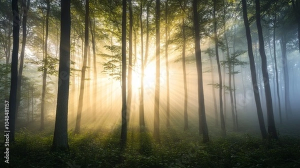 Fototapeta Sunlight peeking through a dense canopy of trees in a foggy forest at dawn, casting beams of light through the mist. Real photo, stock photography.