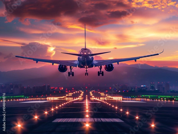 Fototapeta The aircraft goes to land at the airport. The plane passed the runway and rises into the sky.