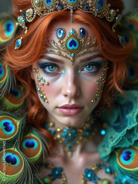 Obraz Radiant Goddess with Peacock Motif Crown and Intricate Jewels, Exuding Mystical Elegance and Enchanting Beauty in a Fantasy Portrait