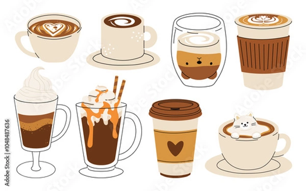 Fototapeta Set of cute Coffee Cups with Latte Art. Collection of coffee drinks with variety latte art heart, leaf, bear, cat, Flower. Cafe Bar or Coffee House Graphics. Vector Illustration, Icons. Isolated 