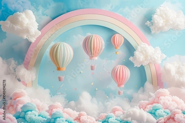 Fototapeta Colorful hot air balloons float under a pastel rainbow in a whimsical sky filled with fluffy clouds in a dreamlike setting