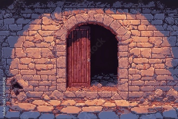 Fototapeta Hidden chambers emerge behind cracked walls, pixelated art reveals secrets in a whimsical, retro-inspired environment, inviting exploration and discovery.