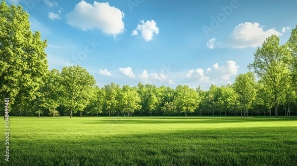 Obraz A wide shot of a grassy field with trees in the background under a bright blue sky with white clouds.