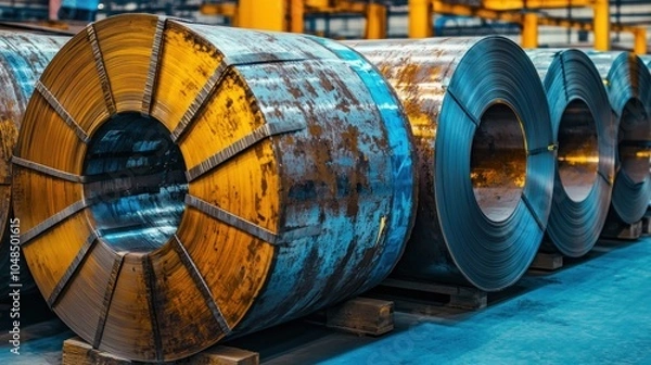 Obraz Rolls of sheet steel in selective focus. Cold rolled and hot rolled steel products for sale.
