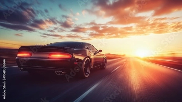 Fototapeta A sleek car driving on an open road during a stunning sunset, showcasing speed and freedom in a vibrant landscape.