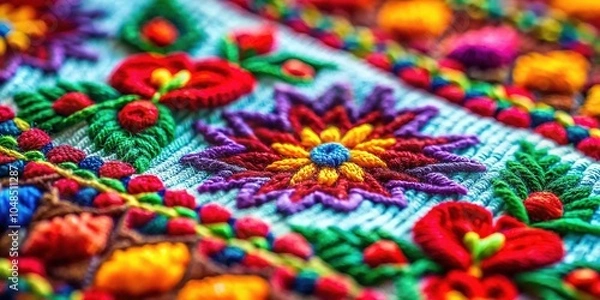 Fototapeta A tiny world of Hungarian embroidery, captured through the lens of tilt-shift.