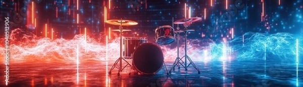 Obraz Drum Set with Neon Lights and Fog Effect