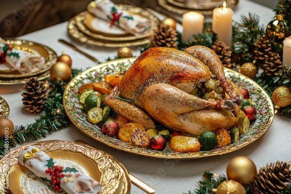 Fototapeta A beautifully arranged holiday table featuring a roasted turkey surrounded by festive decorations and candles.