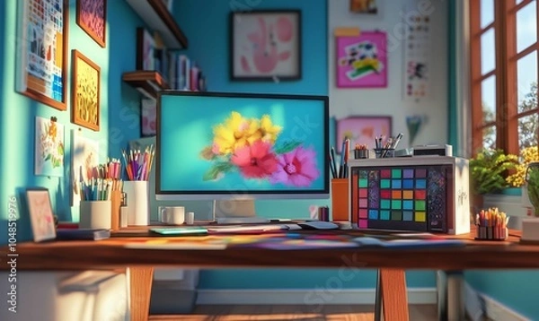 Fototapeta Artist's desk with computer and supplies.