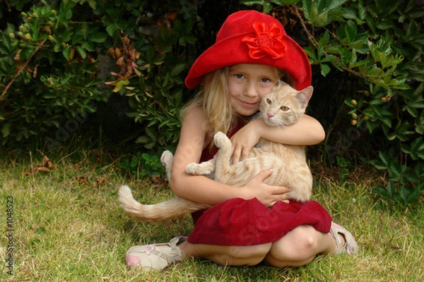 Obraz the girl in red hat with a cat