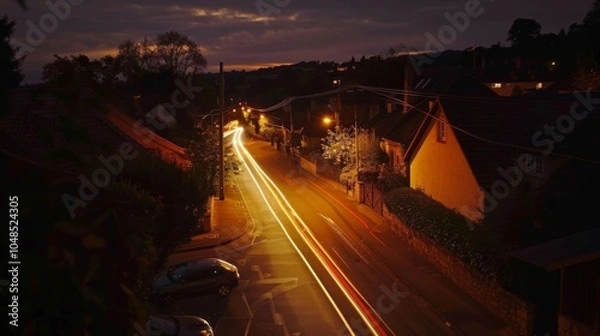 Fototapeta The flickering of car headlights through a quaint village creates a mesmerizing light show adding a touch of magic to its oldworld charm.