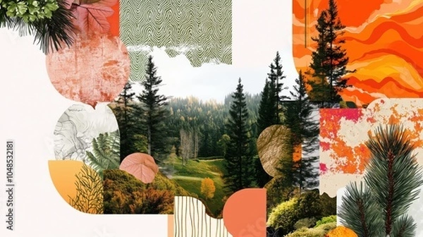 Fototapeta Autumnal Forest Collage: A captivating abstract collage evokes the beauty of autumn with vibrant foliage, textured backgrounds, and a glimpse of a serene forest.  