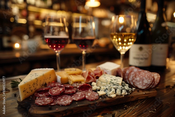 Fototapeta Selection of Fine Cheeses and Cured Meats with Wine Pairing