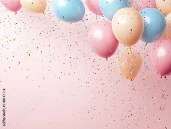 Fototapeta Colorful Balloons and Confetti Falling on Pink Background - Festive Party Decoration