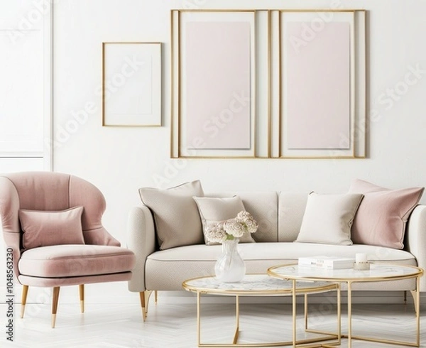 Fototapeta 「快適なソファ、アームチェア、エレガントなゴールドのアクセントが特徴のモダンでスタイリッシュなリビングルームインテリア。中間色のカラーパレットが落ち着きのある魅力的な雰囲気を演出します」
