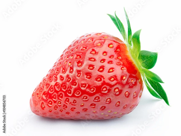 Fototapeta Perfectly cleaned strawberry with leaves isolated on the white background with clipping path