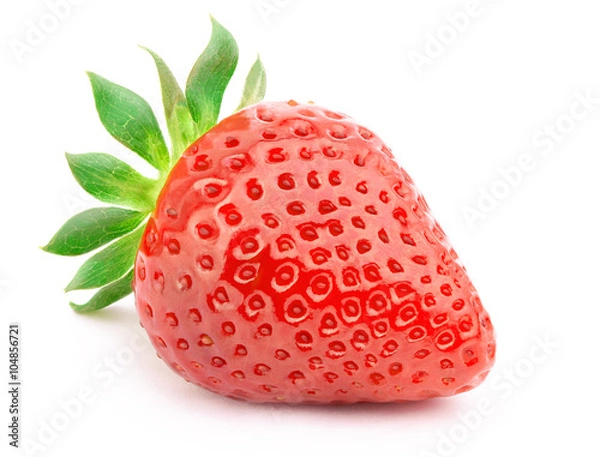 Fototapeta Perfectly cleaned strawberry with leaves isolated on the white background with clipping path