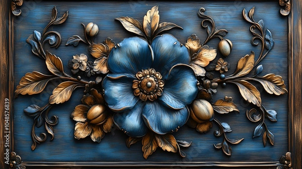 Fototapeta Horizontal Embossed Floral Pattern in Azure and Gold with Symmetrical Design
