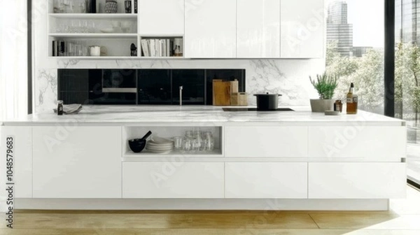 Obraz A modern kitchen with white cabinets and a marble countertop.