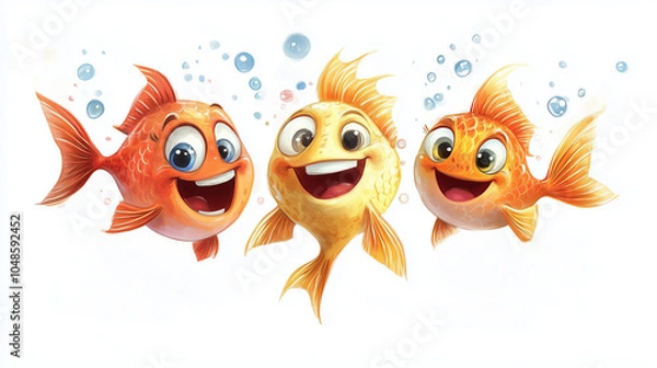 Obraz Three cheerful cartoon goldfish with big eyes and wide smiles, surrounded by bubbles in a playful, vibrant underwater scene.