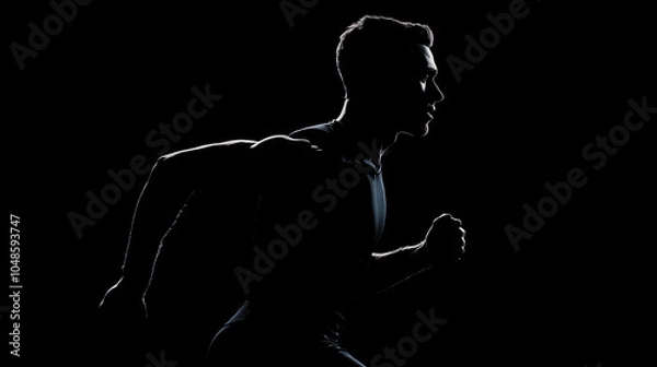 Fototapeta Silhouette of a running athlete, black studio background, powerful and energetic