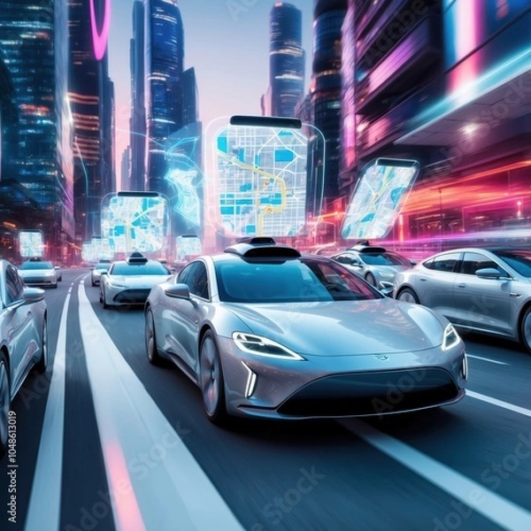 Fototapeta An innovative car of the future featuring a sleek, aerodynamic design and advanced AI technology, embodying the next era of sustainable and efficient transportation.