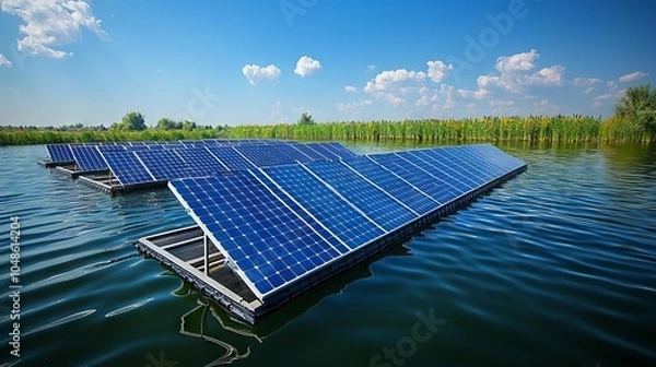 Obraz Solar Panels on Water Surface with Clear Blue Sky