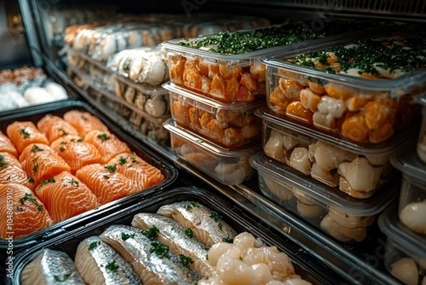Fototapeta Fresh Seafood Displayed in a Refrigerated Case