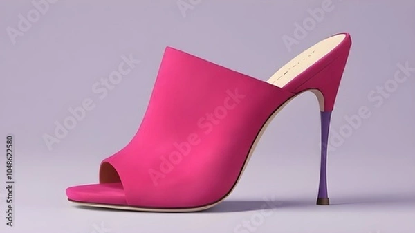 Fototapeta A detailed 3D illustration of stylish open-toe mules in a bright fuchsia pink suede, featuring a sculpted heel and minimalist design