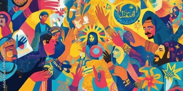 Fototapeta Abstract art with colorful figures and flowers.