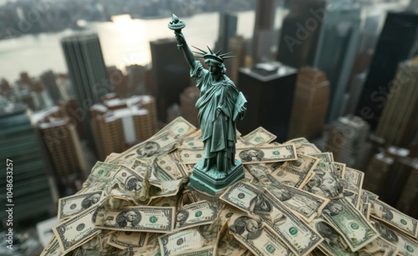 Fototapeta A miniature Statue of Liberty stands atop a heap of US dollar bills, overlooking a blurred urban skyline, symbolizing wealth and freedom.