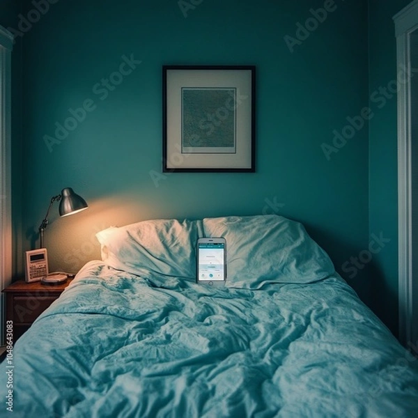 Fototapeta A serene bedroom with a bed, lamp, and tablet on a nightstand.