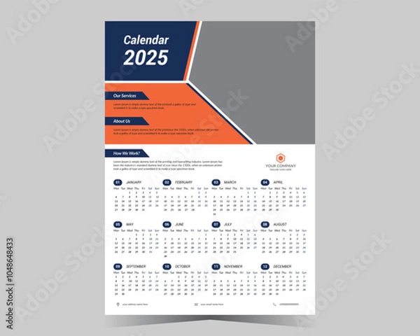 Fototapeta  Wall calendar 2025 template, modern 12 month one page calendar design, corporate business calendar.