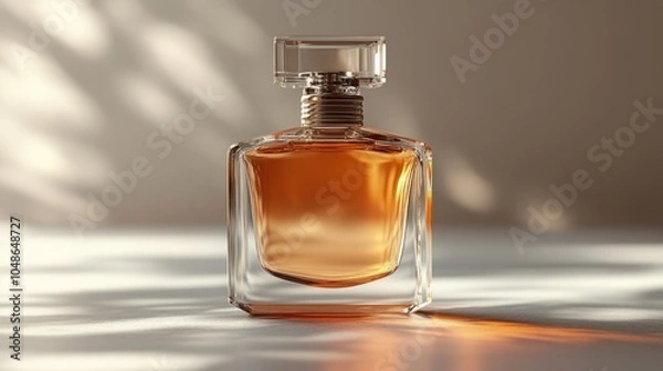 Fototapeta 3D mockup of a plain glass perfume bottle, isolated on a transparent background, with a blank label area for branding.