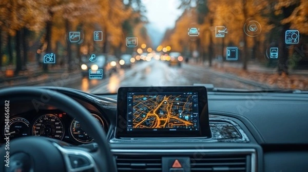 Obraz A detailed scene of a driver installing a telematics device in their car, with floating icons showing how it tracks driving behavior for insurance discounts.