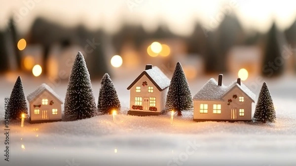 Fototapeta Miniature snowy village with cozy lit houses and trees.