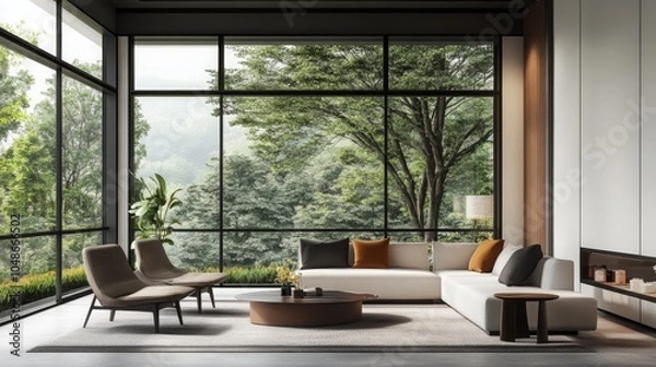Fototapeta Modern Living Room with Large Window and Forest View