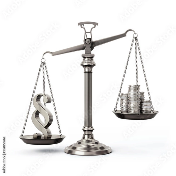 Fototapeta Silver scales with paragraph sign and coins - left down and right up - front view