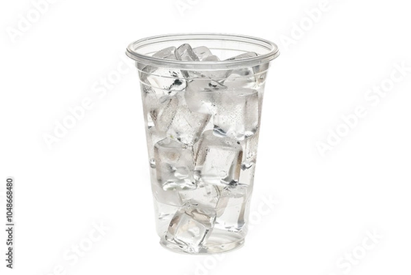 Fototapeta Simple transparent plastic cup with crystal-clear ice cubes isolated on transparent background